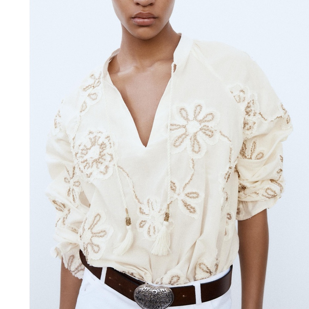 ZARA FLORAL ECRU COTTON EMBROIDERED BLOUSE S